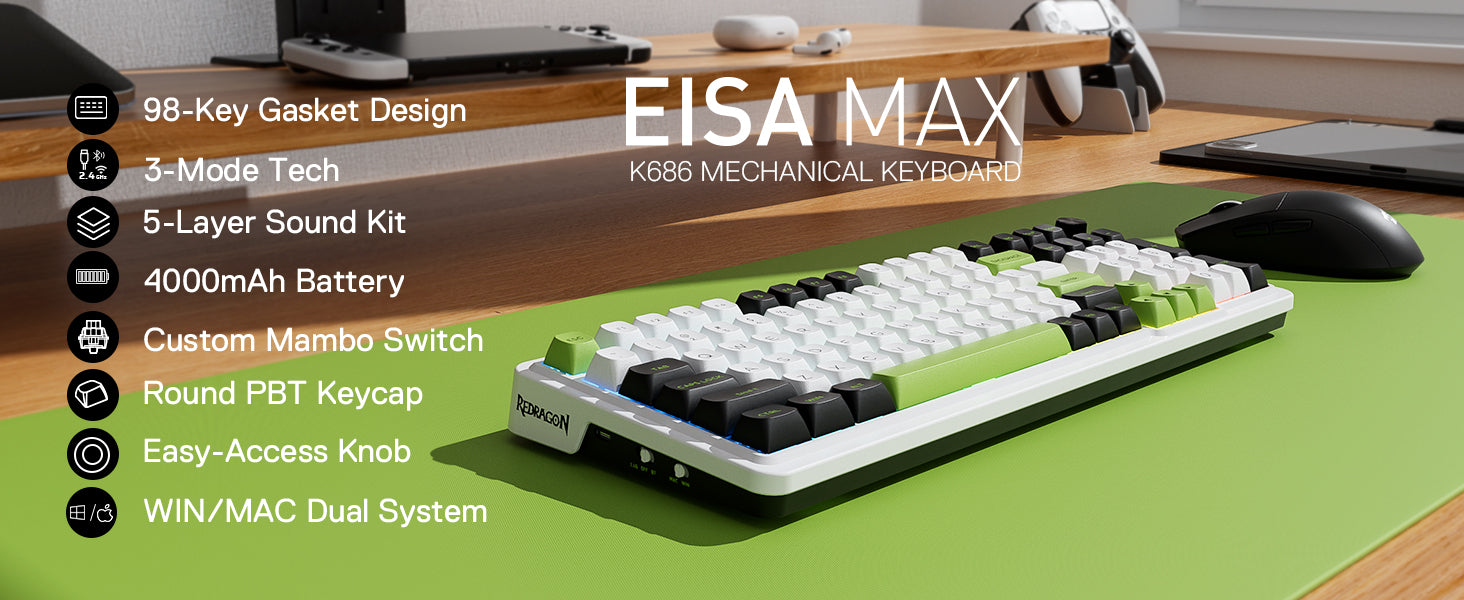 Redragon K686 PRO 98 Keys Wireless Gasket RGB 3-Mode PBT 5-Layer Noise Dampening Hot-Swap Gaming Mechanical Keyboard