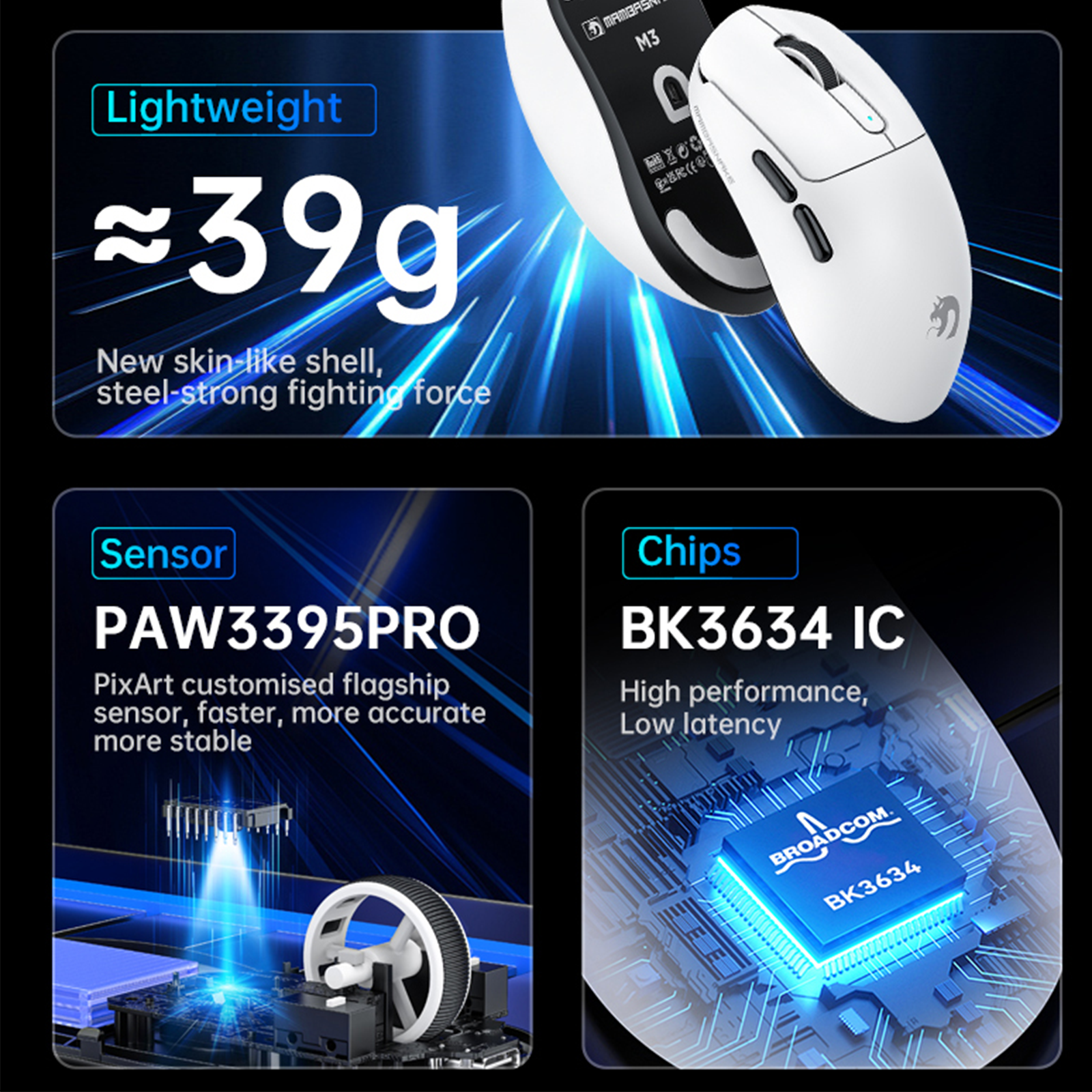 MAMBASNAKE M3 Wireless Gaming Mouse,40K DPI,39g Lightweight Gaming Mouse,PAW3395PRO Optical Sensor