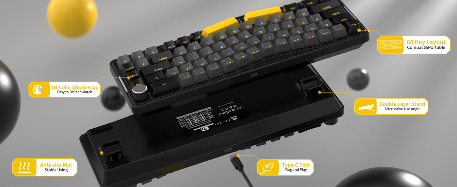 MAMBASNAKE x ATTACK SHARK AKS068 Alice Layout Wired Mechanical Keyboard, Gasket Mount 68 Keys Ergonomic Gaming Keyboard USB-C