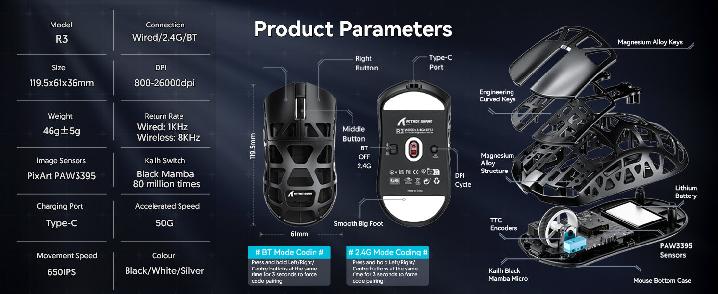 MAMBASNAKE x ATTACK SHARK R3 46g Superlight Magnesium Alloy Wireless Gaming Mouse