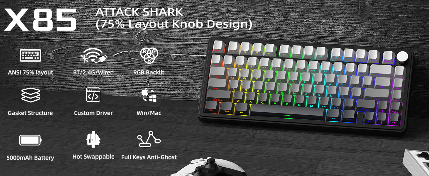 MAMBASNAKE x ATTACK SHARK X85 Gasket Mechanical Keyboard with Knob,75% Tri-Mode(BT5.0/2.4G/USB-C) Wireless Gaming Keyboard
