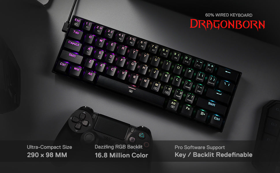 Redragon K630 Dragonborn 60% Wired RGB Hot-Swappable Gaming Keyboard, 61 Keys Compact Mechanical Keyboard