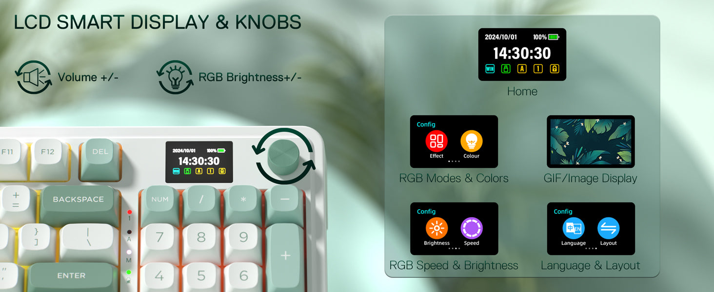 Redragon K719 Wireless Gasket Gaming 95 Keys Mechanical Keyboard,Easy-Control 1.14’’ TFT Info Display,Mint Mambo Switches