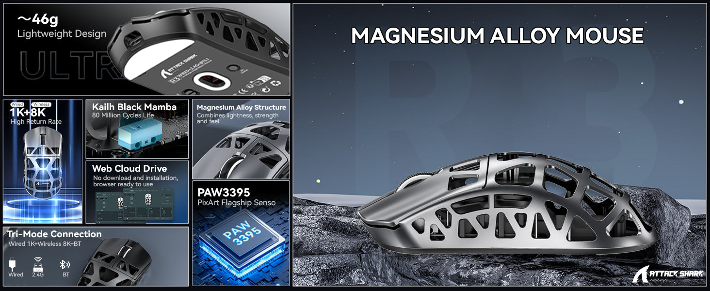 MAMBASNAKE x ATTACK SHARK R3 46g Superlight Magnesium Alloy Wireless Gaming Mouse