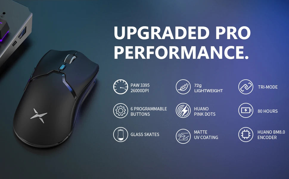 Delux M800PRO Gaming Mouse Wireless Tri-Mode Connection PAW3395 26000DPI 6 Programmable Buttons Macro Colorful Mice for PC Gamer