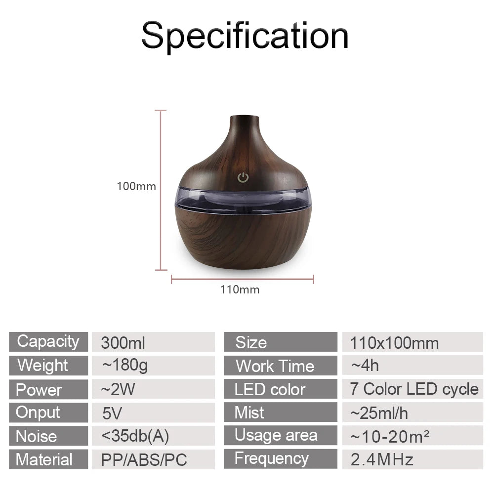 Portable USB Humidifier with 7-Color LED Lighting Aromatherapy Diffuser 300ml Rechargeable Tank for bedroom official