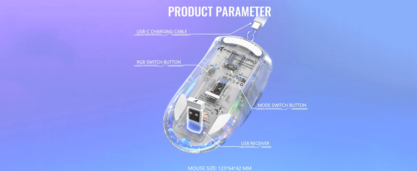 ATTACK SHARK X2Pro Wireless Gaming Mouse with RGB Charging Dock,Tri-Mode Mute Mouse RGB Backlit,Transparent Shell,PixArt 3212