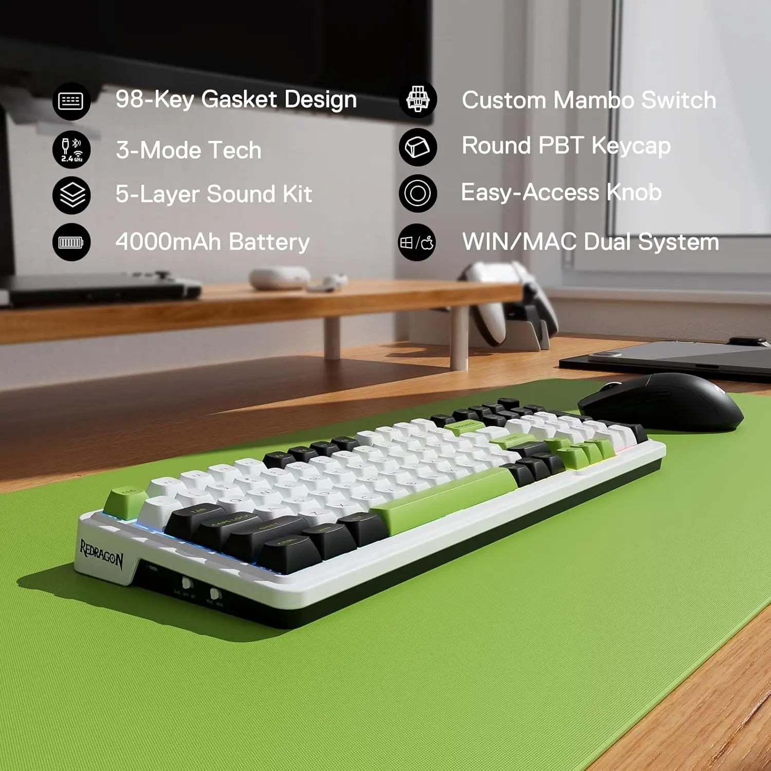 Redragon K686 PRO 98 Keys Wireless Gasket RGB 3-Mode PBT 5-Layer Noise Dampening Hot-Swap Gaming Mechanical Keyboard