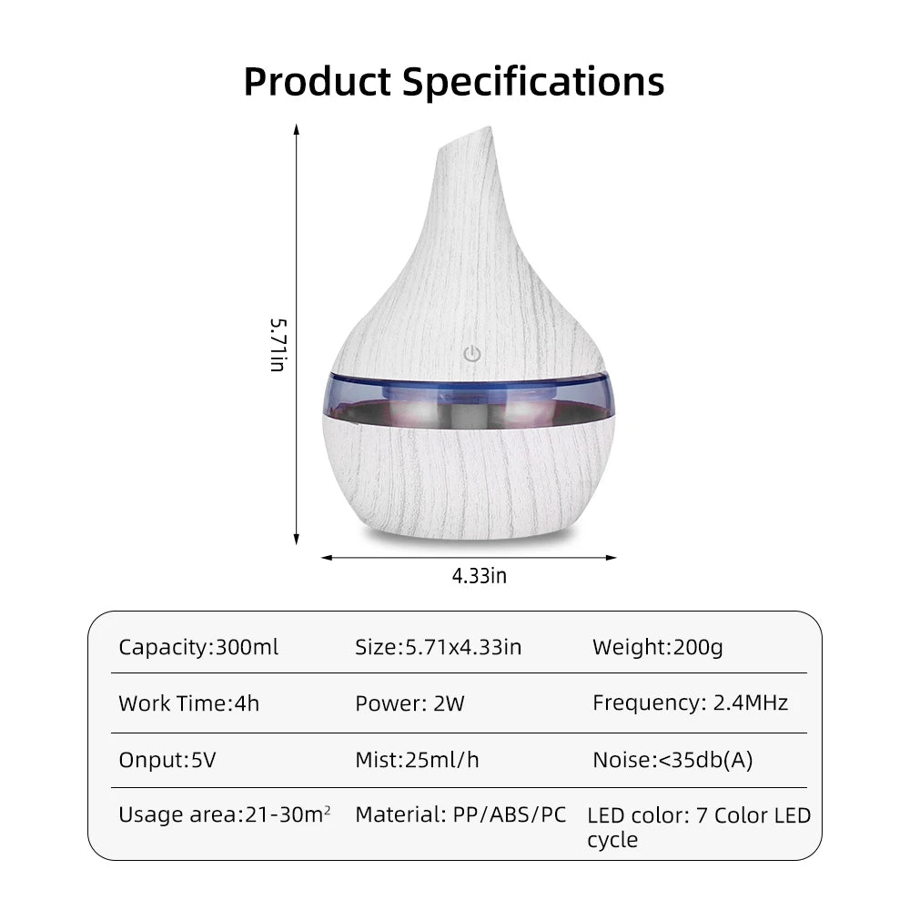 300ml USB Essential Oil Diffusers Ultrasonic Air Humidifier with 7-Color LED lights Cool Mist Maker for home bedroom
