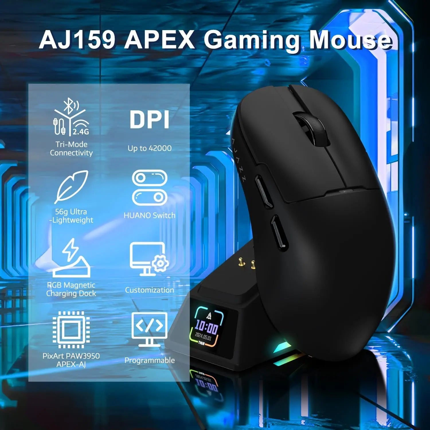 A.JAZZ AJ159APEX 8Khz Wireless Gaming Mouse Ultralight 56g with Magnetic Screen Charging Dock 42000DPI PAW3950 Sensor Tri Mode B