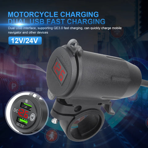 Car Charger Socket Dual USB Motorcycle Handlebar Charger with Voltage Display Motorcycle Mobile Phones Charger Multiprotection