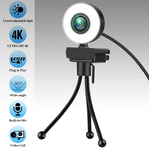 New 2K Webcam 4K Full HD Web Camera With Microphone LED Fill Light USB Web Cam Rotatable For PC Computer Laptop for Youtube