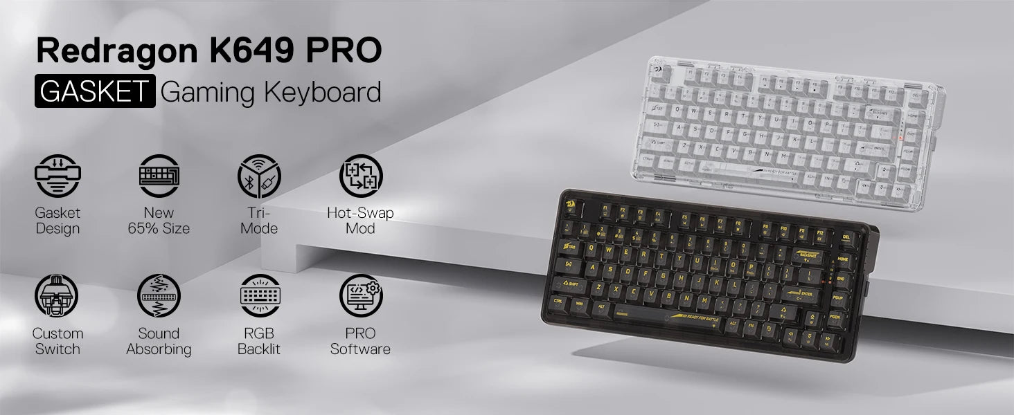 Redragon K649 PRO 78% Wireless Gasket RGB Gaming Keyboard, 3-Modes 82 Keys Full-Transparent Hot-Swap Compact Mechanical Keyboard