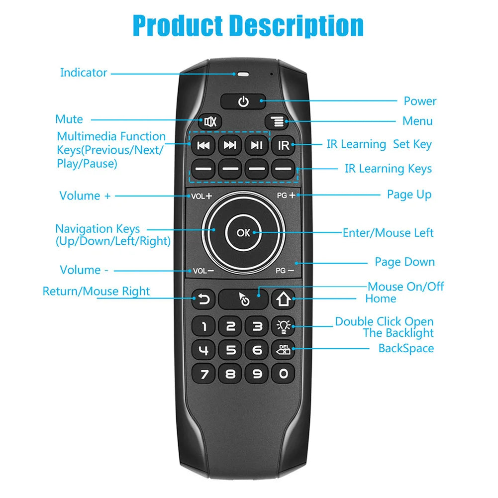 3.7-4.2V Wireless Keyboard Remote Control Bluetooth-compatible IR Backlight Remote Control Micro USB Charging for Android TV Box
