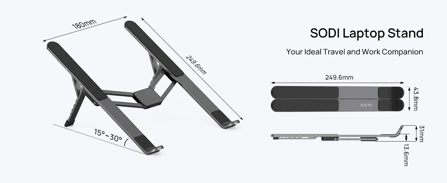 SODI Foldable Laptop Stand for Desk Portable Adjustable Aluminum Riser for MacBook Pro Air HP Dell Lenovo Up to 15.6 Inch Grey