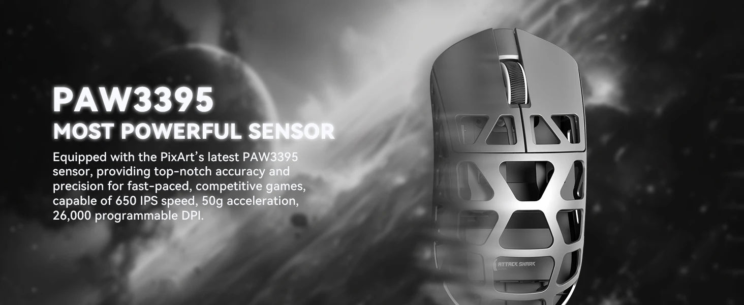 Attack Shark R3 Wireless Gaming Mouse,PAW3395 Up to 26K DPI 8KHz Return Rate,Magnesium Alloy 46G Ultralight Hollowed Design, Tri