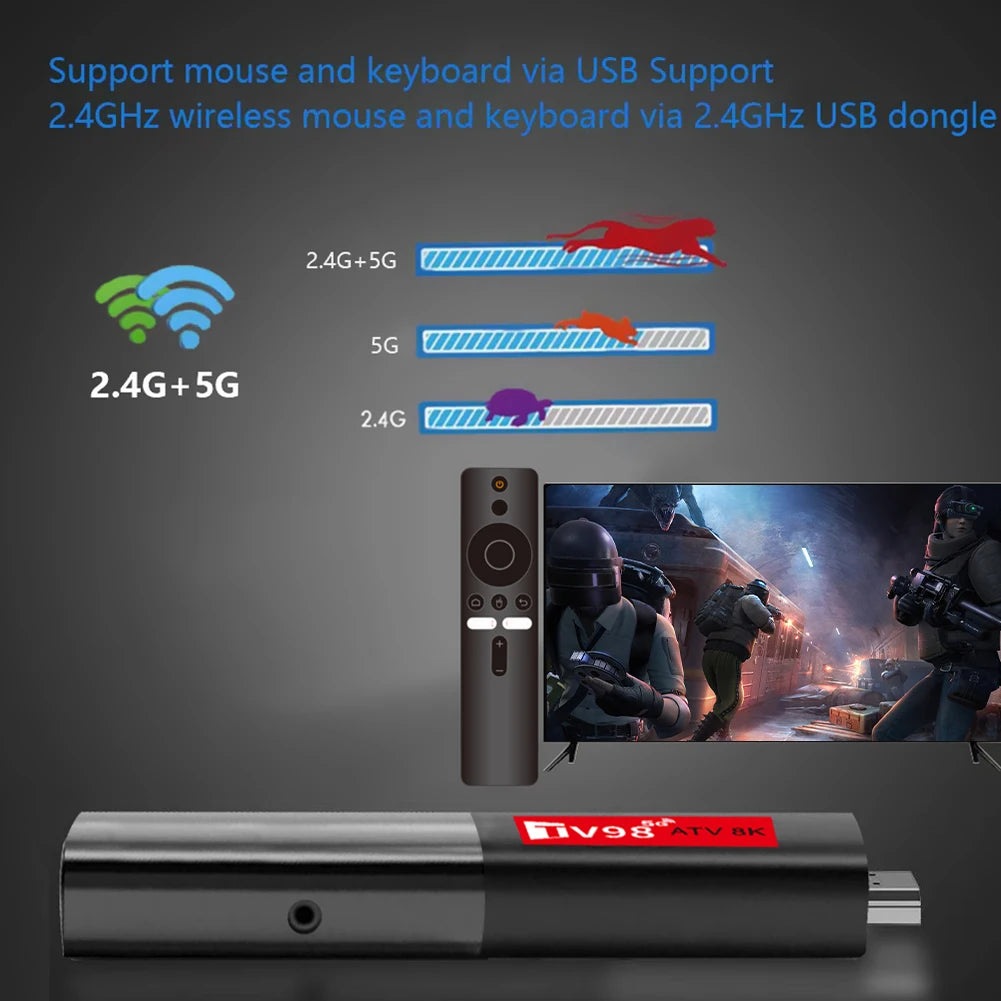 TV98 Smart TV Stick Android 14 H618 2.4G 5G Dual WiFi BT5.0 Video Set Top TV Box H618 Quad Core Media Player Voice Remote TV Box
