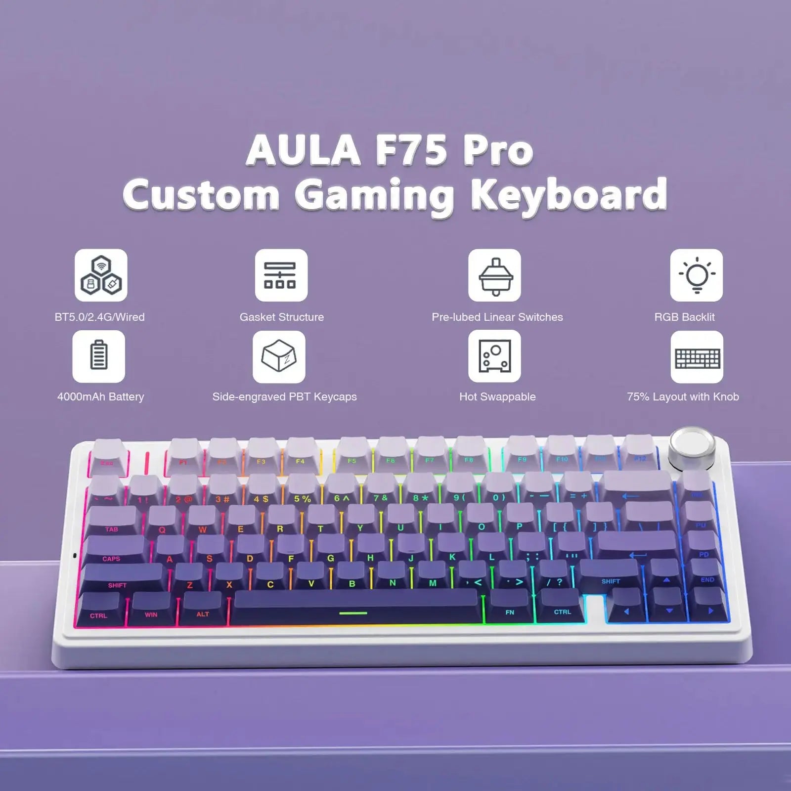 AULA F75 Pro Gasket Mounted Wireless Gaming Mechanical Keyboard RGB Customized 75% Layout Side-engraving PBT Keycaps