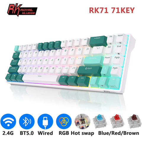 RK ROYAL KLUDGE RK71 Tri-mode Mechanical Keyboard 2.4G Wireless Bluetooth RGB Backlit Hot-swappable Gamer Keyboard PBT keycaps