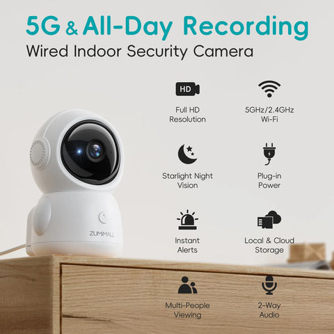 ZUMIMALL APP Wired security Camera, 5G/2.4G WiFi Baby/Pet Monitor Motion/Noise/Crying Detection & Two-Way Talk: