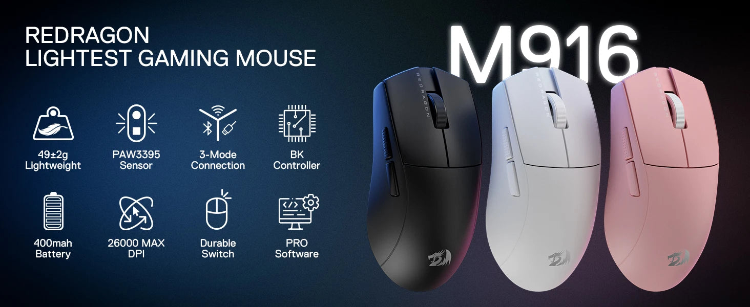 Redragon M916 PRO 3-Mode Wireless Gaming Mouse, 49G Ultra-Light 26K DPI Full Programmable Buttons Gamer Mouse