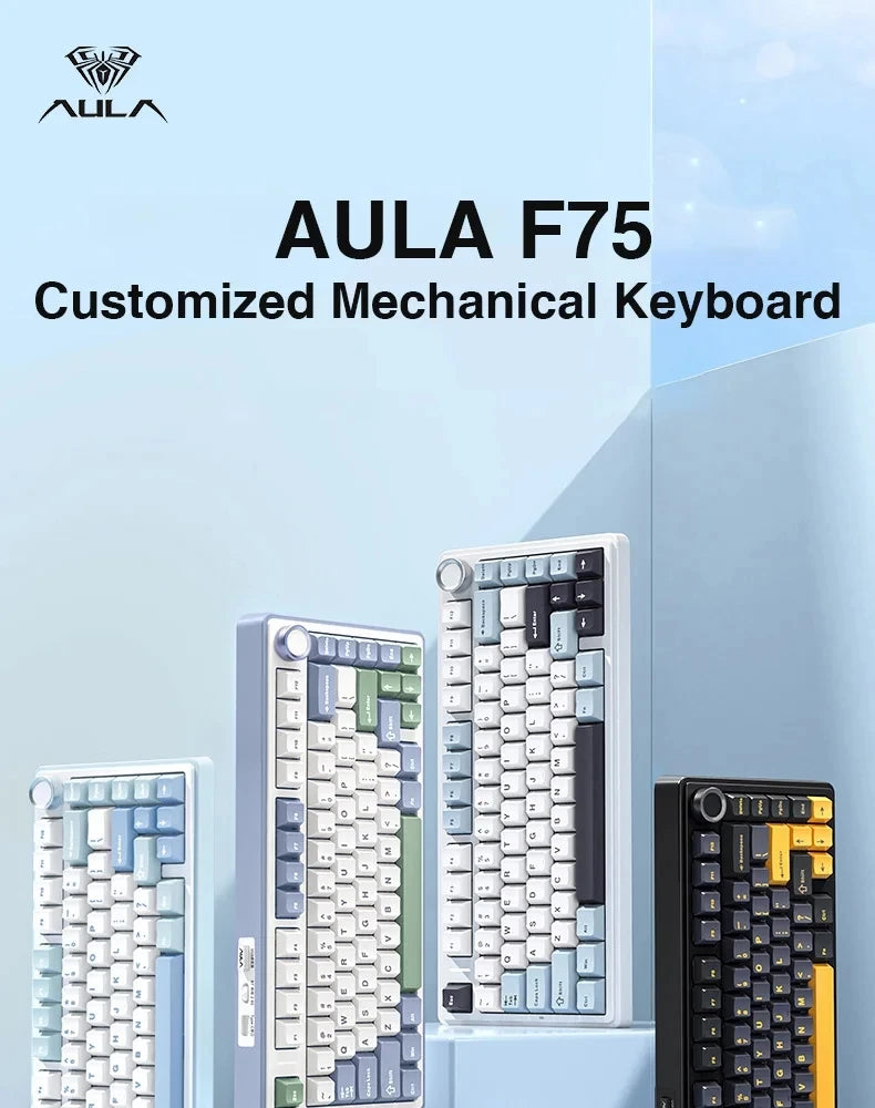 AULA F75 Gaming Mechanical Keyboard W/ RGB PBT keycaps Hot-Swap Gasket Structure 75% Layout Customized Tri-Mode Game Keyboards