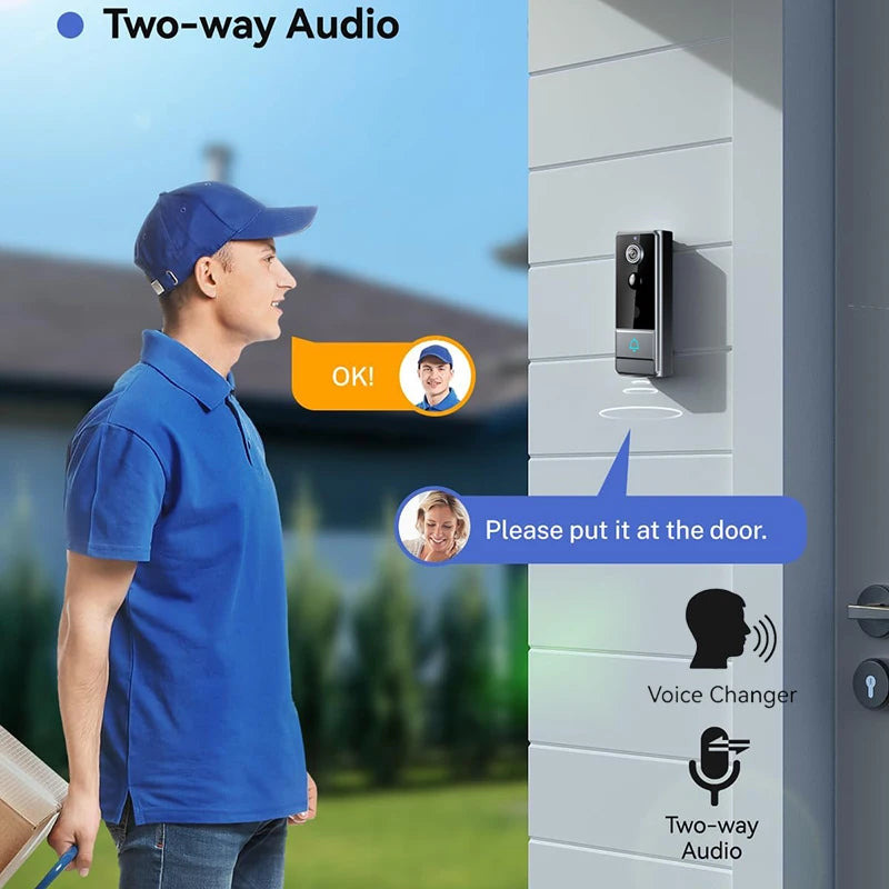 Wireless WiFi video doorbell, Night vision, Photo and video, 2 way audio, Live notification live video, Wireless security camera