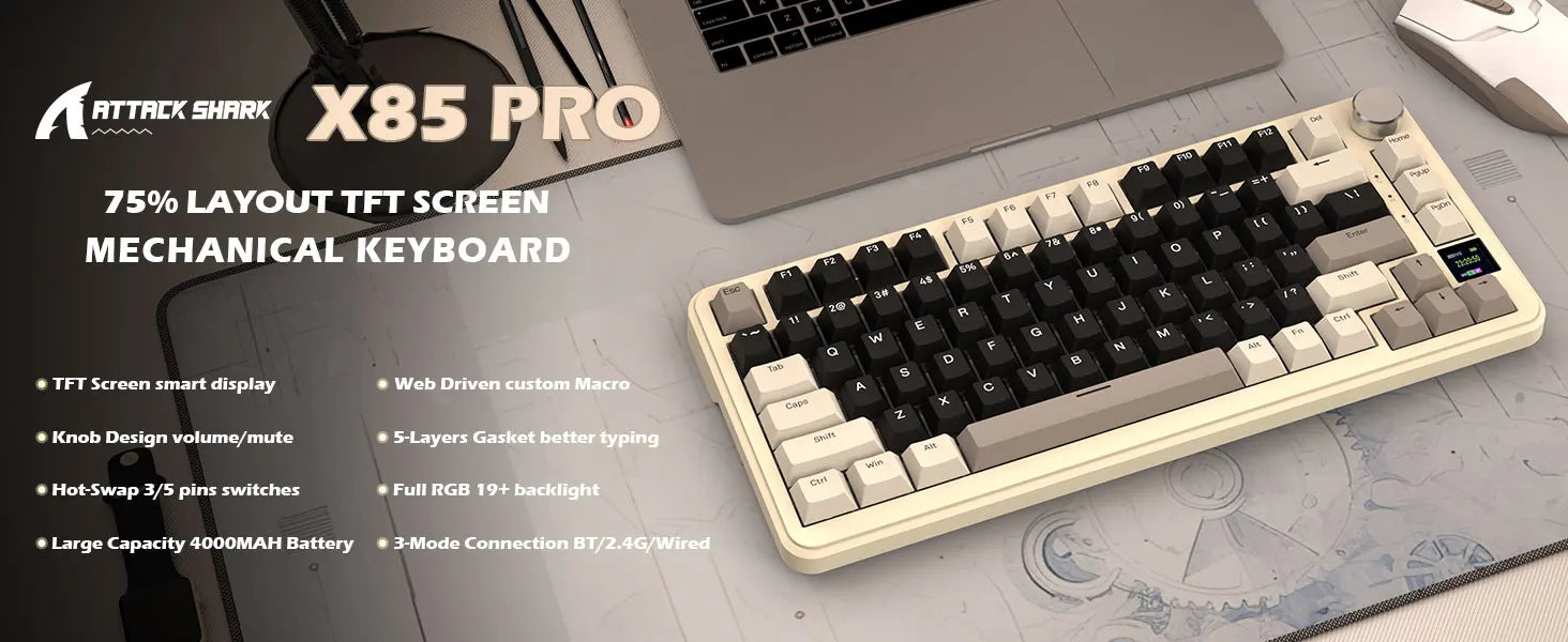 ATTACK SHARK X85Pro 75% Mechanical Keyboard with Screen & Knob Hot Swappable Wireless 2.4GHz/Bluetooth/Wired RGB Gasket Mount QM