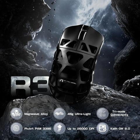 Attack Shark R3 Wireless Gaming Mouse,PAW3395 Up to 26K DPI 8KHz Return Rate,Magnesium Alloy 46G Ultralight Hollowed Design, Tri