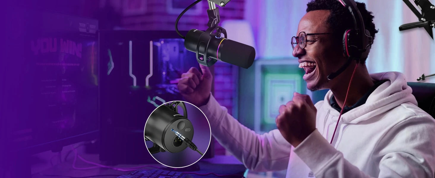 XLR/USB Dynamic Microphone Kit, PC Microphone for Streaming, Podcasting, Gaming, RGB, Mute and Noise Cancelling Function, Volume