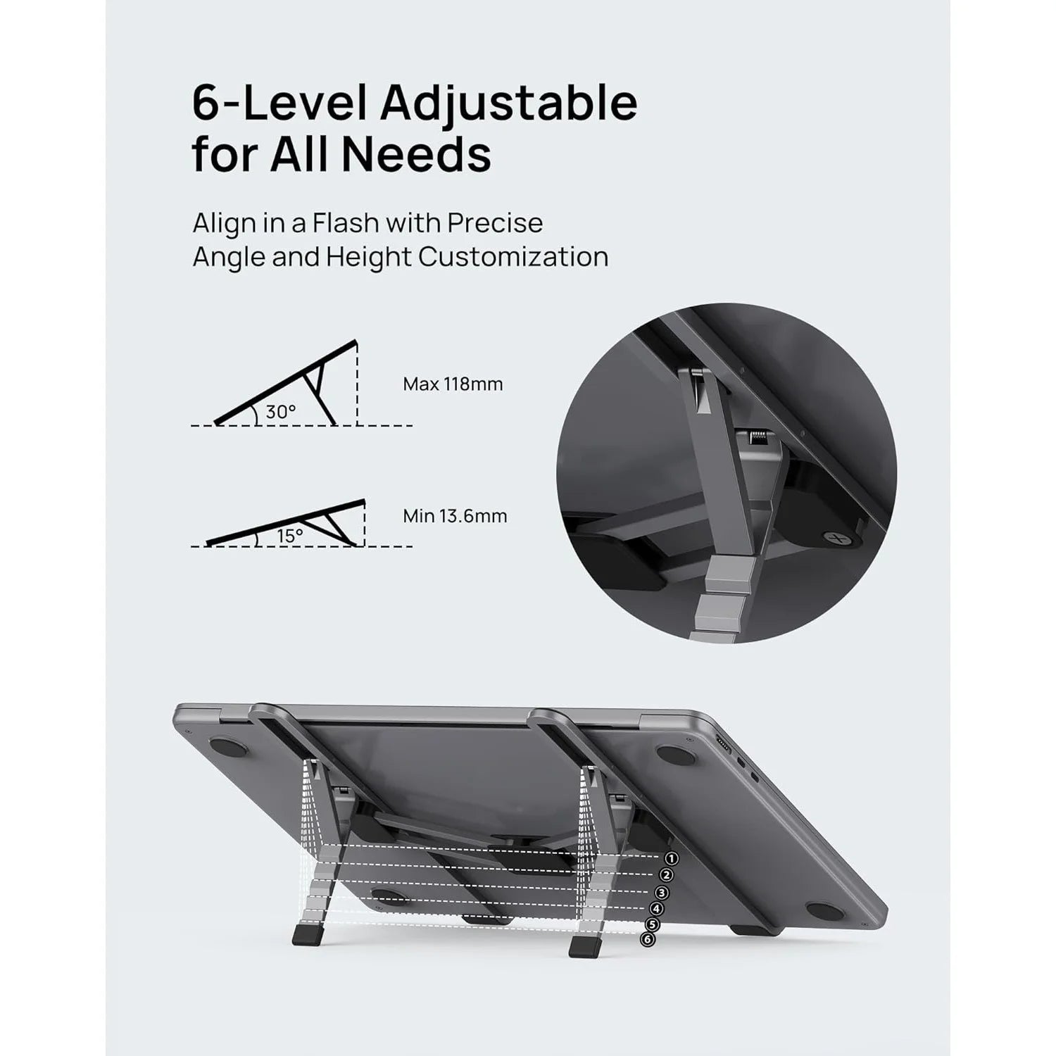 SODI Foldable Laptop Stand for Desk Portable Adjustable Aluminum Riser for MacBook Pro Air HP Dell Lenovo Up to 15.6 Inch Grey