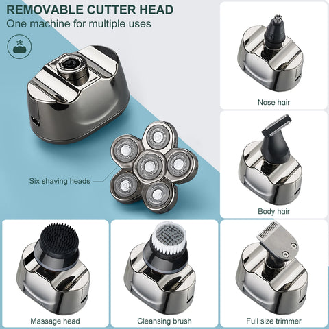 Solimpia 6 in 1 Rechargeable Electric Shaver 6 Floating Heads Bald Grooming Kit Shaver For Men Waterproof Wet Dry Beard Trimmer