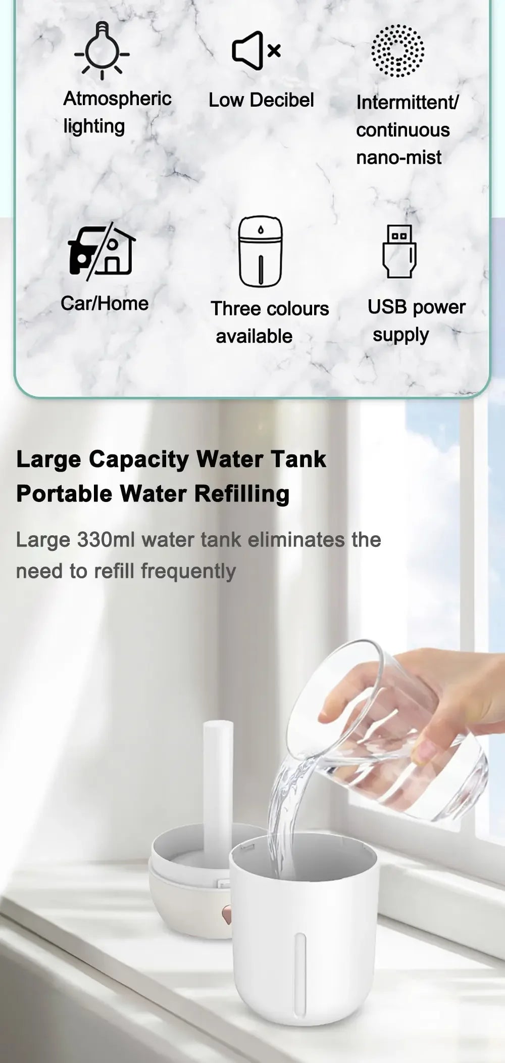 Mini USB Portable Air Humidifier, Aroma Diffuser, LED Cool Light, Mist for Room, Home, Car, Plant Purifier, 330ml ﻿