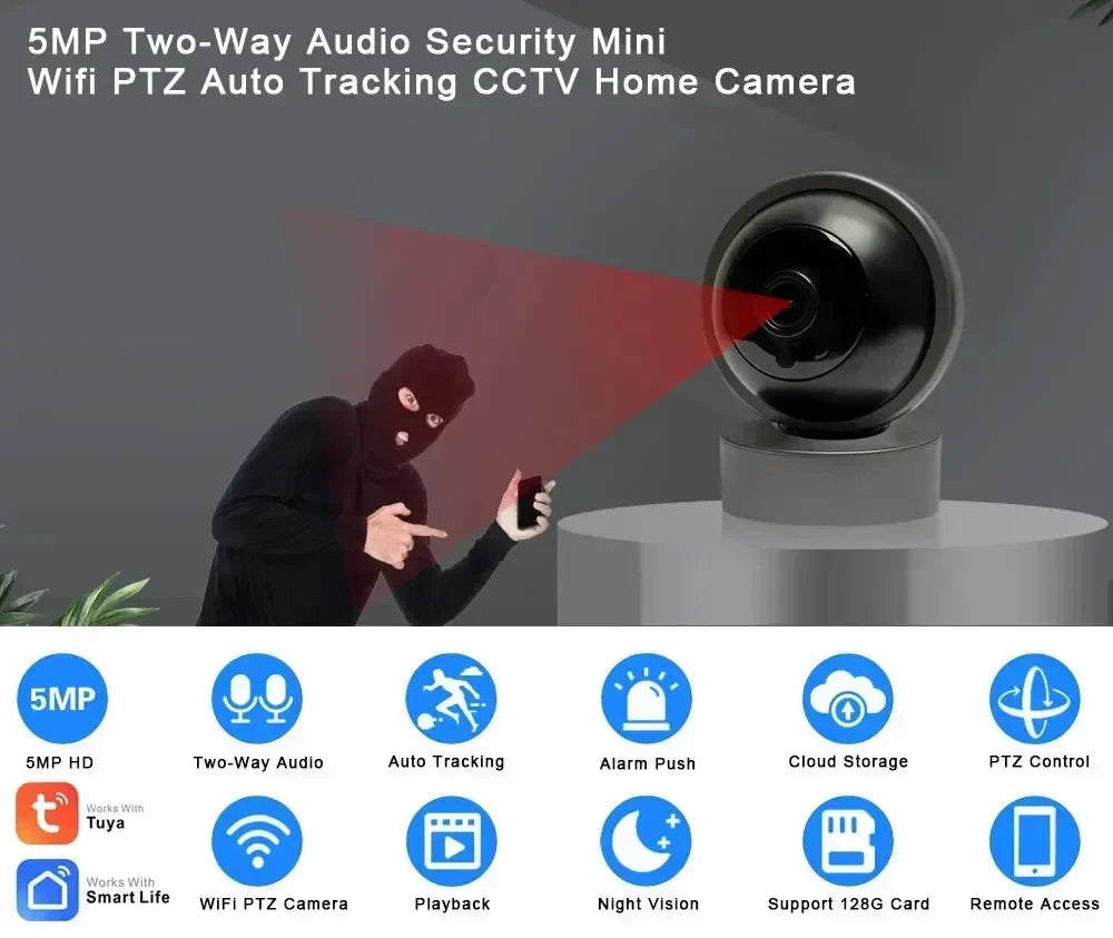 Tuya Wifi PTZ Cameras Smart Life Home Security Protection Video Surveillance Outdoor 5MP Two-Way Audio Baby Monitor Night Vision