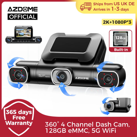 AZDOME 4 Channel Dash Cam 360° View Car DVR 5G WiFi Dash Camera for Cars 2K+3*1080P Dashcam Built-in 128GB eMMC 24H Parking