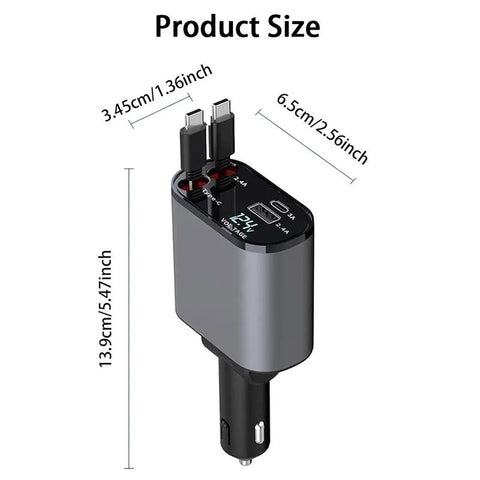 4-in-1 Fast Retractable Car Charger -120W Type Adapter With 2X Retractable PhoneCables, 2X USB Ports