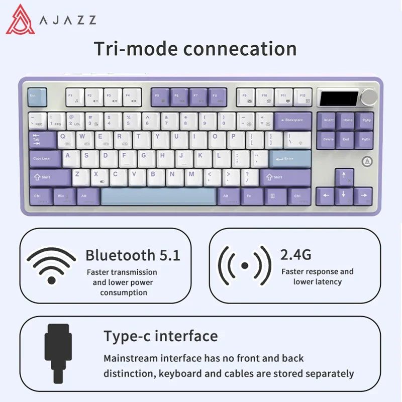 Ajazz Ak870 RGB Gaming Mechanical Keyboard Hot Swap 84 Keys Wireless Bluetooth 2.4G Wired Keyboards TFT FOR Desktop Laptop PC