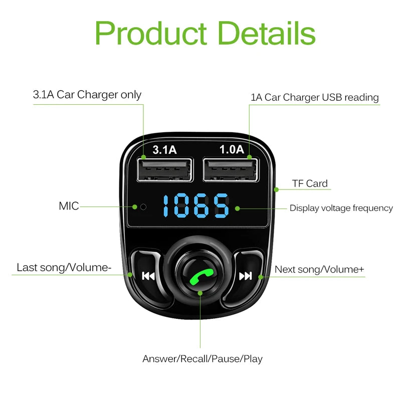 FM Transmitter Aux Modulator Bluetooth Handsfree Car Kit Car Audio MP3 Player with 3.1A Quick Charge Dual USB Car Charger
