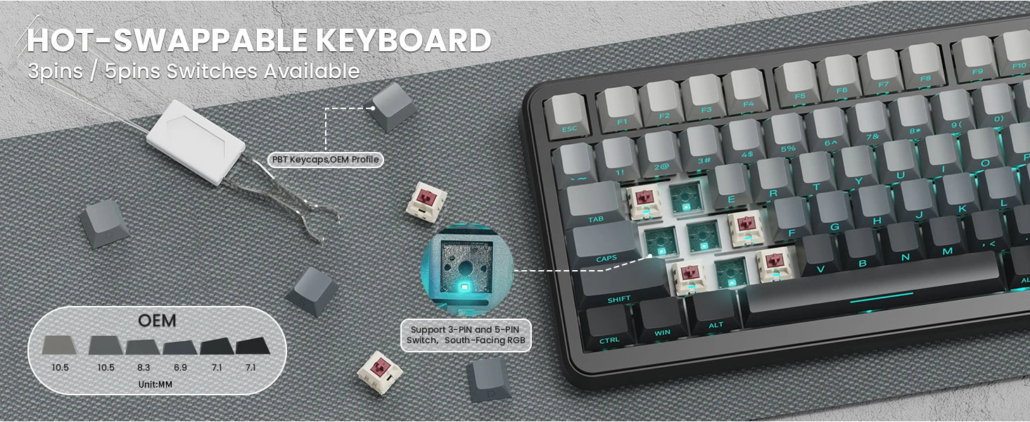 ATTACK SHARK M86 Wireless Mechanical Gaming Keyboard, 75% Gasket Hot Swappable RGB Custom Keyboard, Side Printed PBT Keycaps