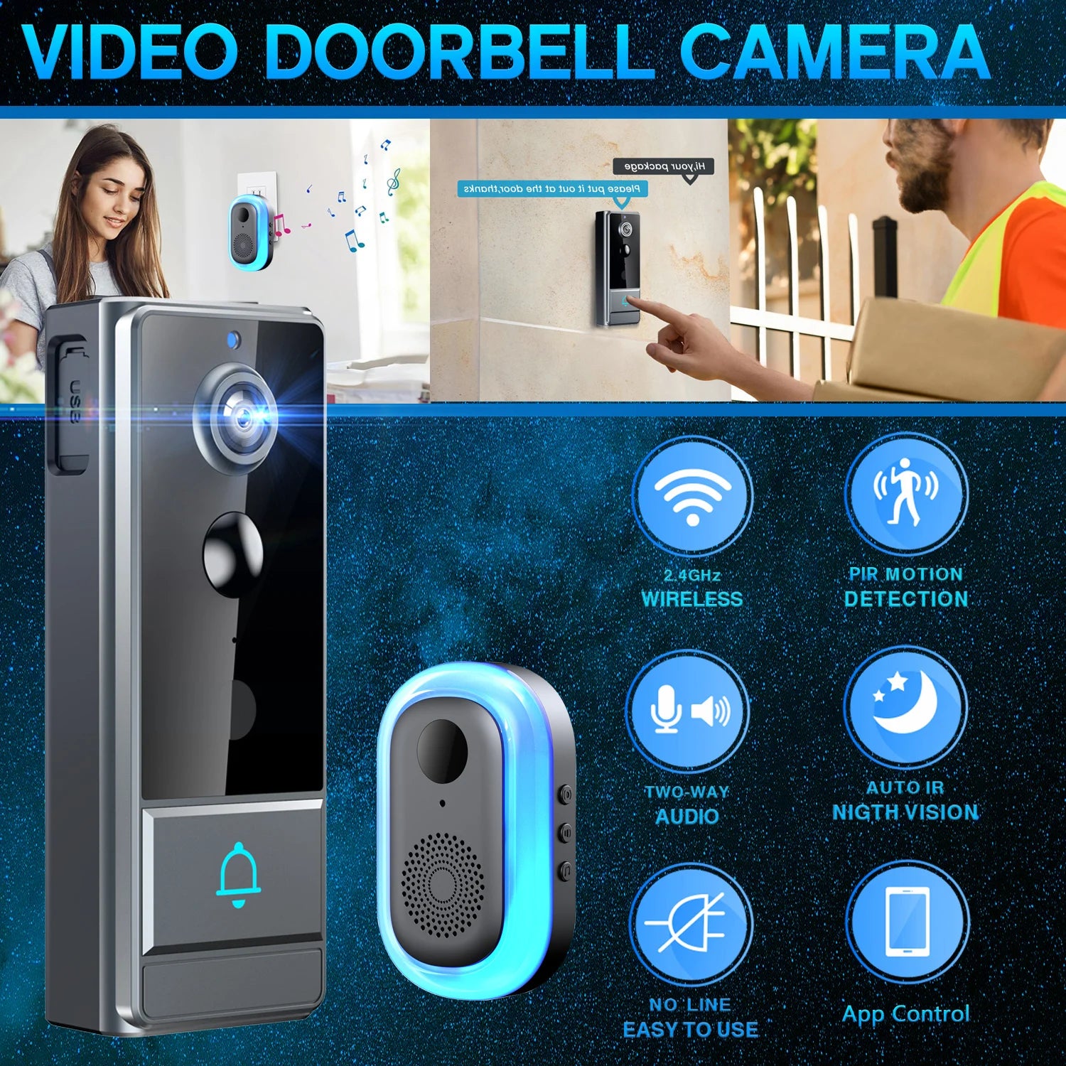 Wireless WiFi video doorbell, Night vision, Photo and video, 2 way audio, Live notification live video, Wireless security camera