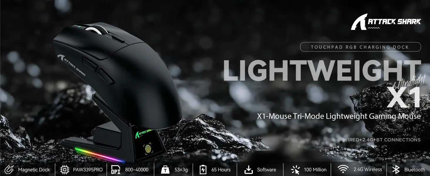 ATTACK SHARK X1 Ultralight Wireless Gaming Mouse with Magnetic RGB Charging Dock,PixArt PAW3395 Pro Sensor,40000DPI for PC/Mac