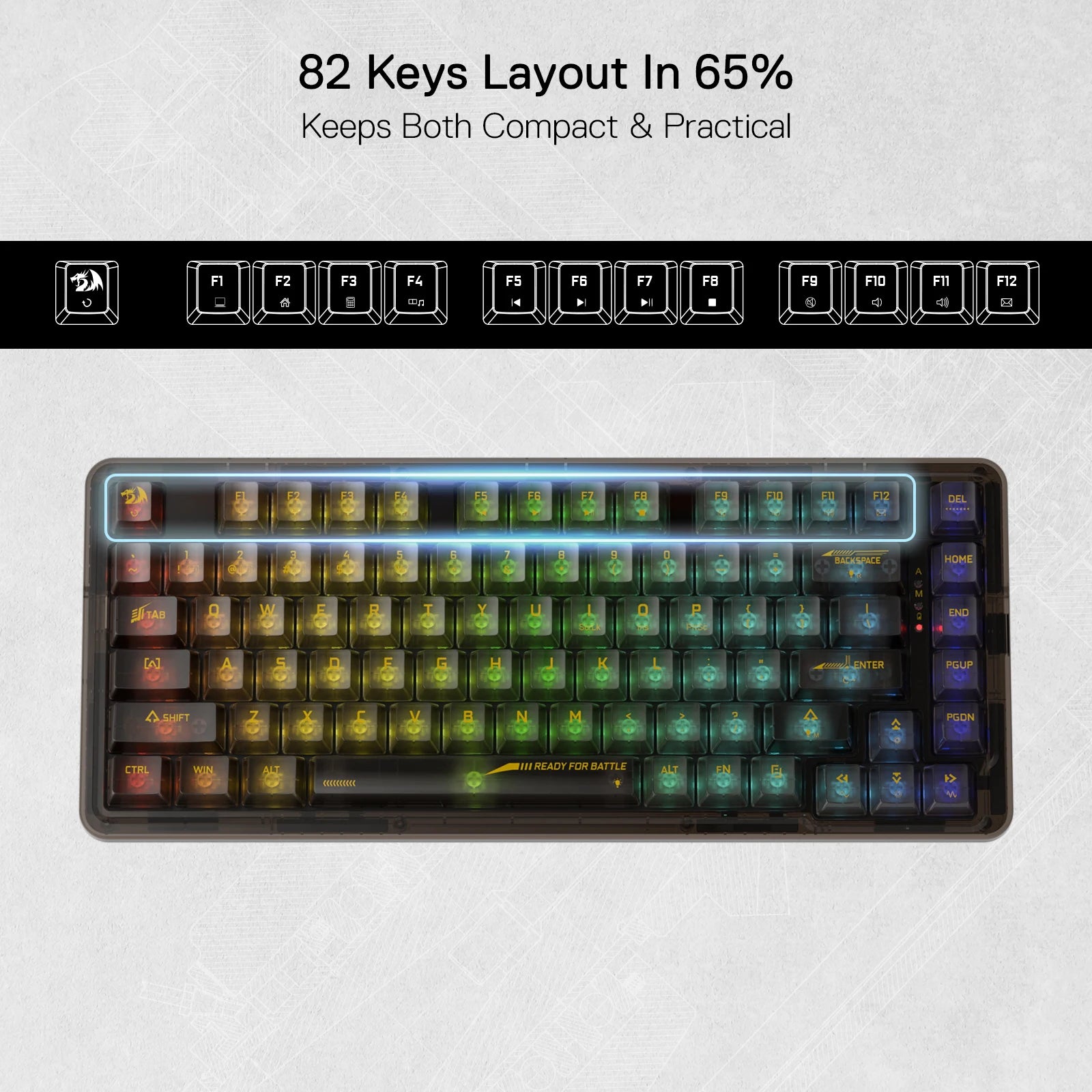 Redragon K649 PRO 78% Wireless Gasket RGB Gaming Keyboard, 3-Modes 82 Keys Full-Transparent Hot-Swap Compact Mechanical Keyboard