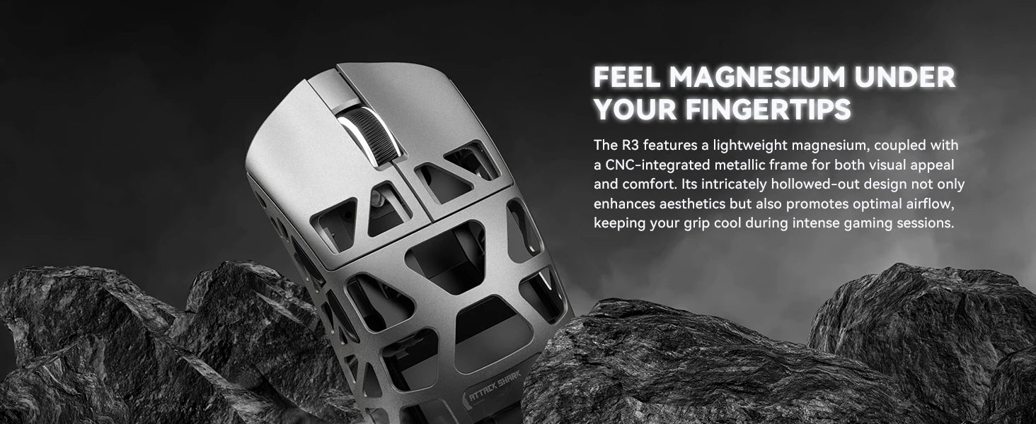 Attack Shark R3 Wireless Gaming Mouse,PAW3395 Up to 26K DPI 8KHz Return Rate,Magnesium Alloy 46G Ultralight Hollowed Design, Tri