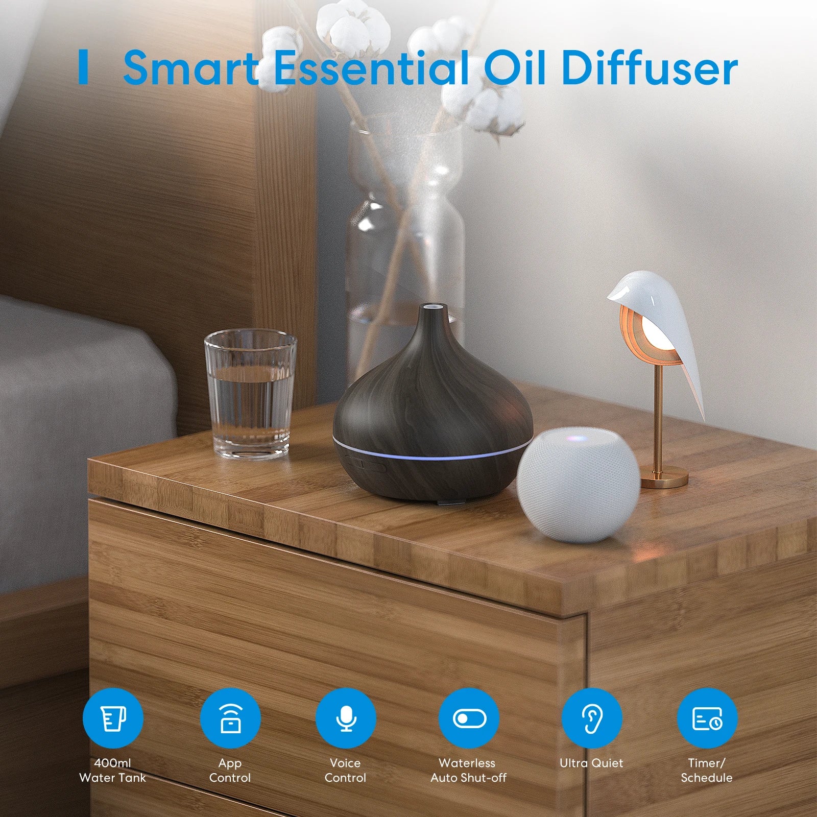 Meross Smart WiFi Wooden Essential Oil Diffuser Air Humidifier Voice Control Humificador For Bedroom Home Plants Support HomeKit