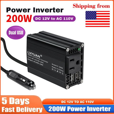 200W Power Inverter 12V to 110V Voltage Converter Car Charger Power Adapter with 2 USB Charging Ports