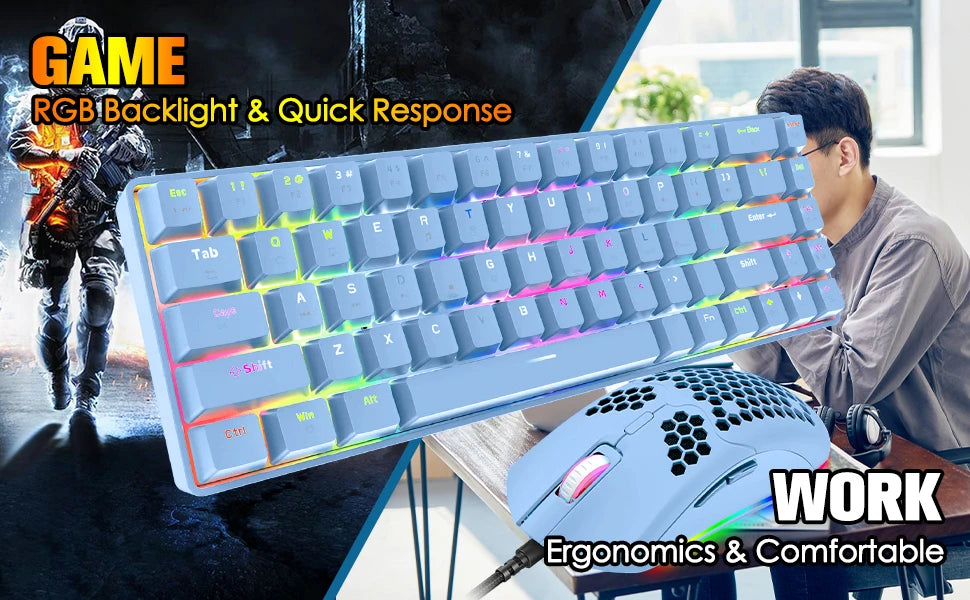 65% Wired Gaming Mechanical Keyboard and Mouse Combo,Mini 68 Keys,RGB Backlight, Lightweight RGB Honeycomb Optical Mouse
