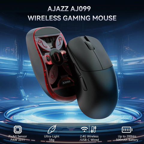 Ajazz AJ099 Superlight Wireless Gaming Mouse, Ergonomic 54g Ultra Lightweight 2.4Ghz/Wired Mouse, PAW331112K DPI for Win/MAC