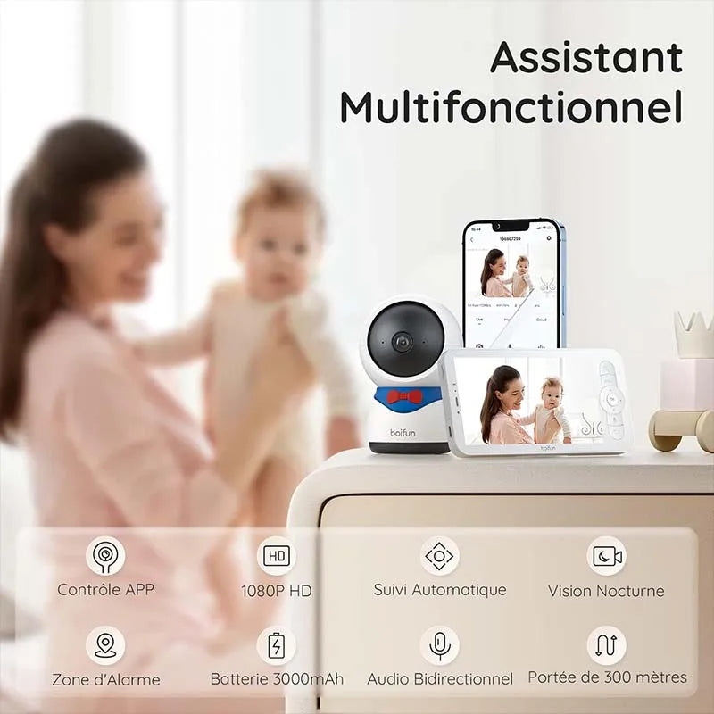 BOIFUN 1080P 5" Baby Monitor Camera, PTZ 355°Camera Baby Motion Monitoring and Automatic Tracking, Monitor and Smartphone