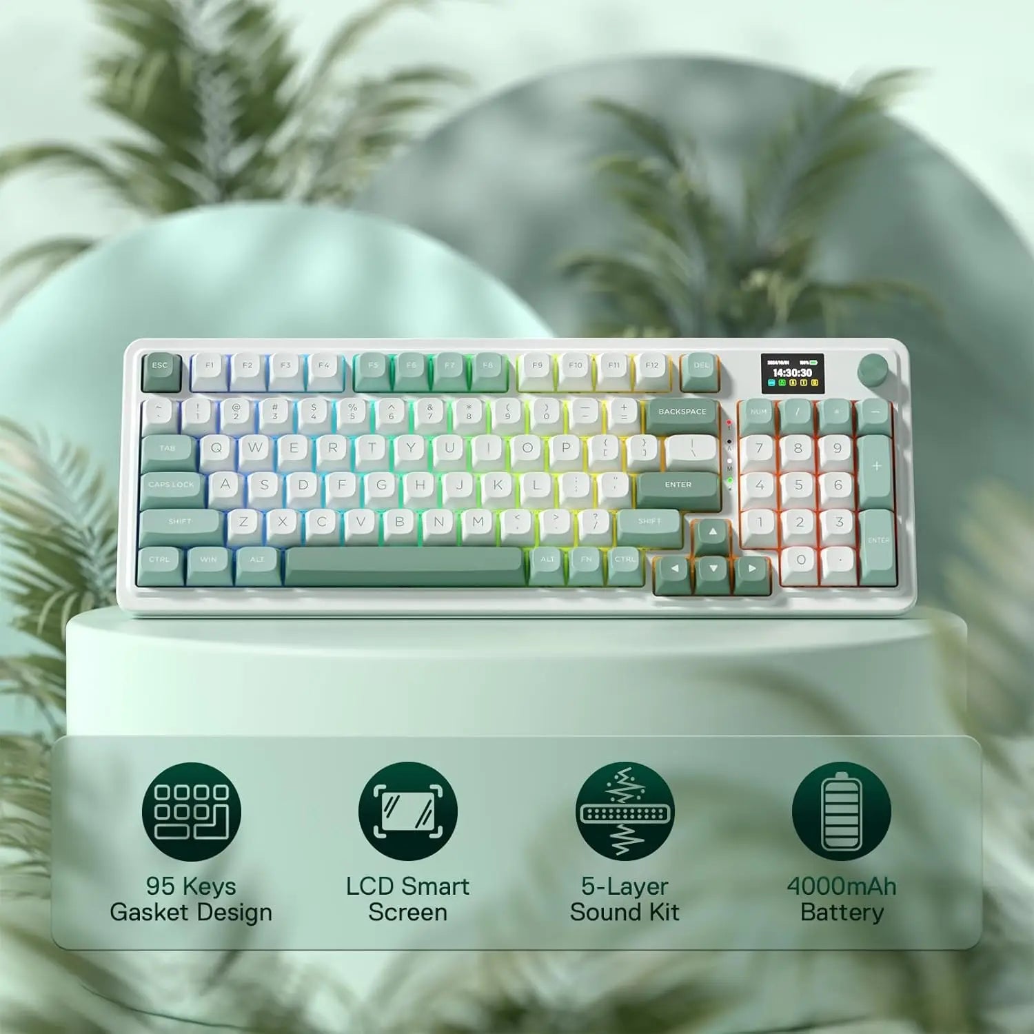 Redragon K719 Wireless Gasket Gaming 95 Keys Mechanical Keyboard,Easy-Control 1.14’’ TFT Info Display,Mint Mambo Switches