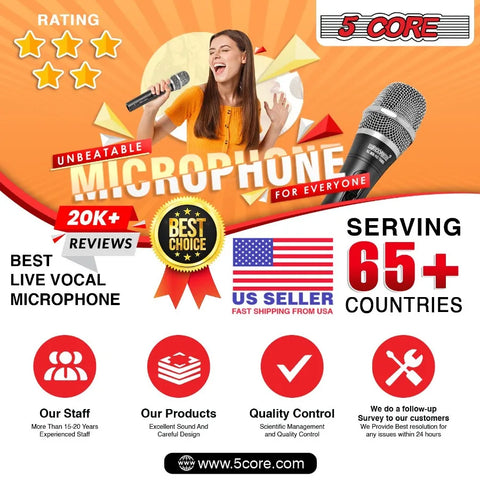 5 CORE Professional Dynamic Vocal Microphone Neodymium Cardioid Unidirectional Handheld Mic for Singing Karaoke Steel Mesh Gril